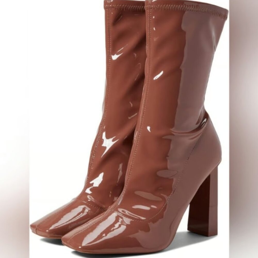 NIB Aldo Fidella Women’s Brown Patent Heeled Boots Size 10 Square Toe Glossy